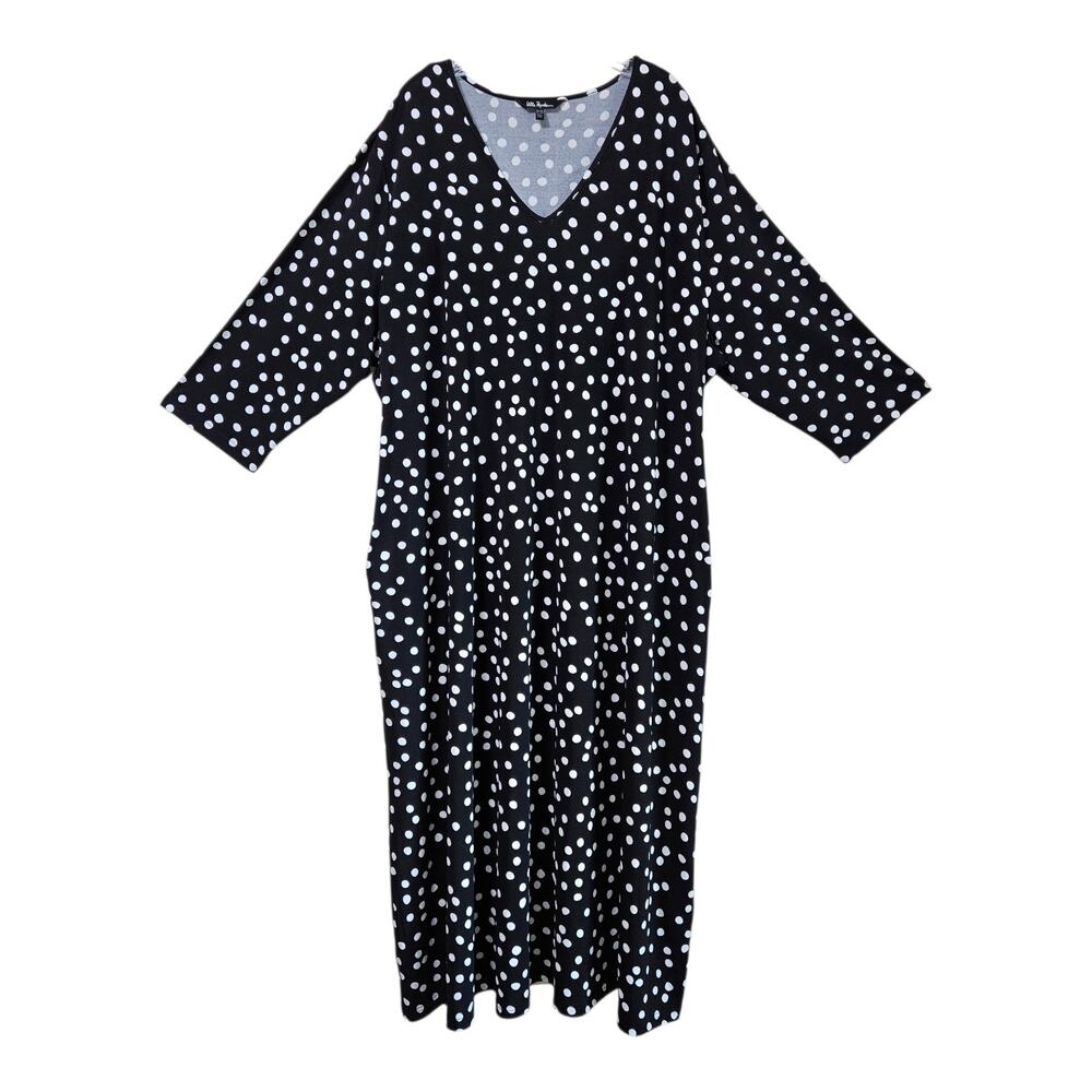 ULLA POPKEN Women's Plus 28 30 Dress Midi / Maxi Black White Polka Dot V-Neck